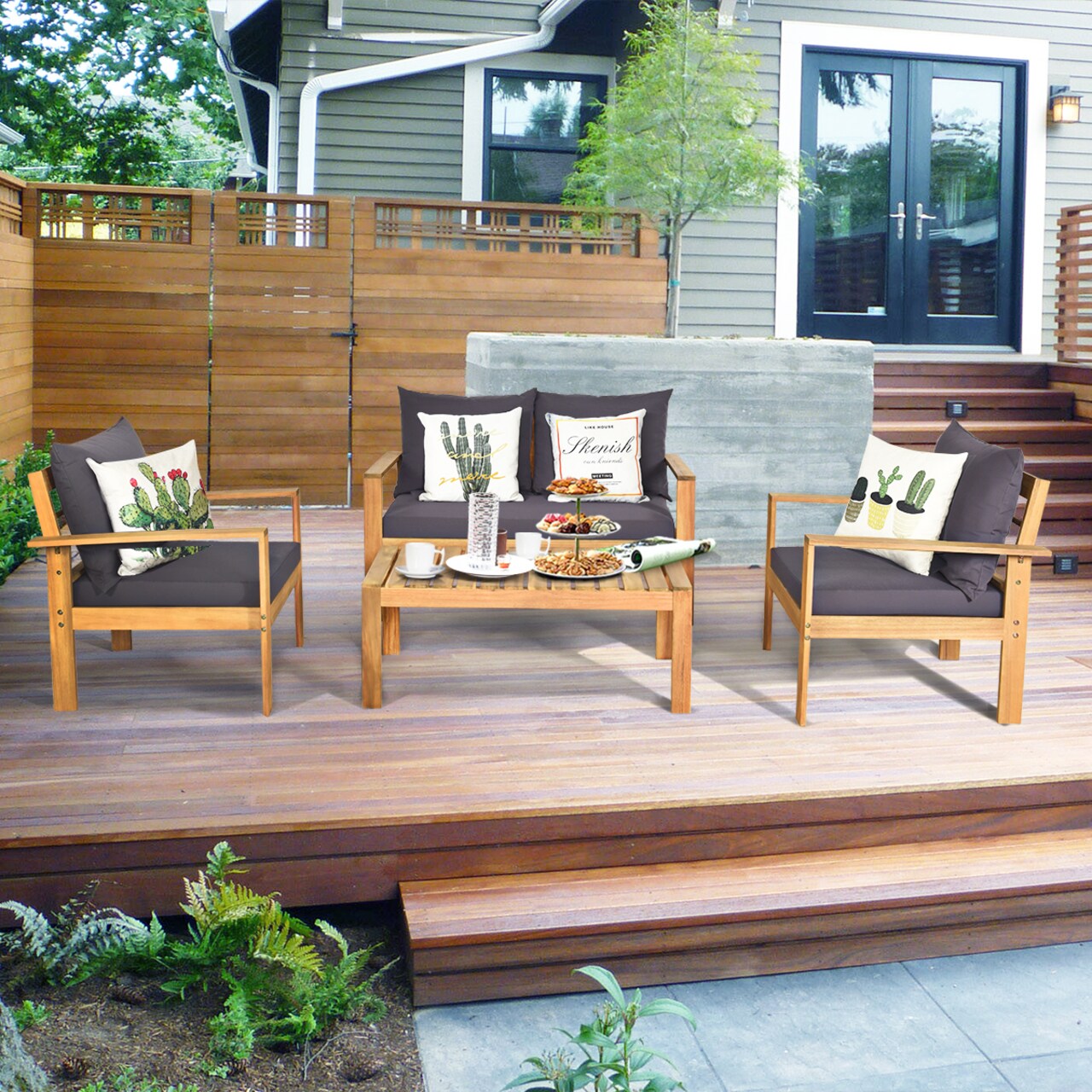 Costway 4PCS Patio Furniture Set Acacia Wood Thick Cushion Loveseat Sofa Off White\Turquoise\Grey